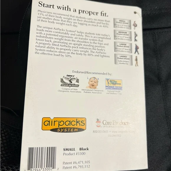 New Airpacks System Backpack Small Black Stop Back Injury Core Products #3300.